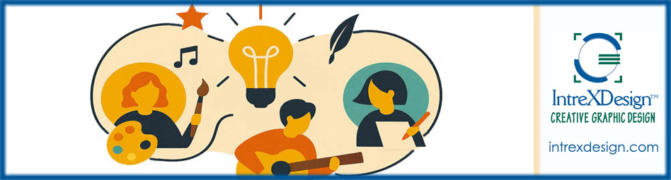 an Illustration of the arts, painting, music, writing